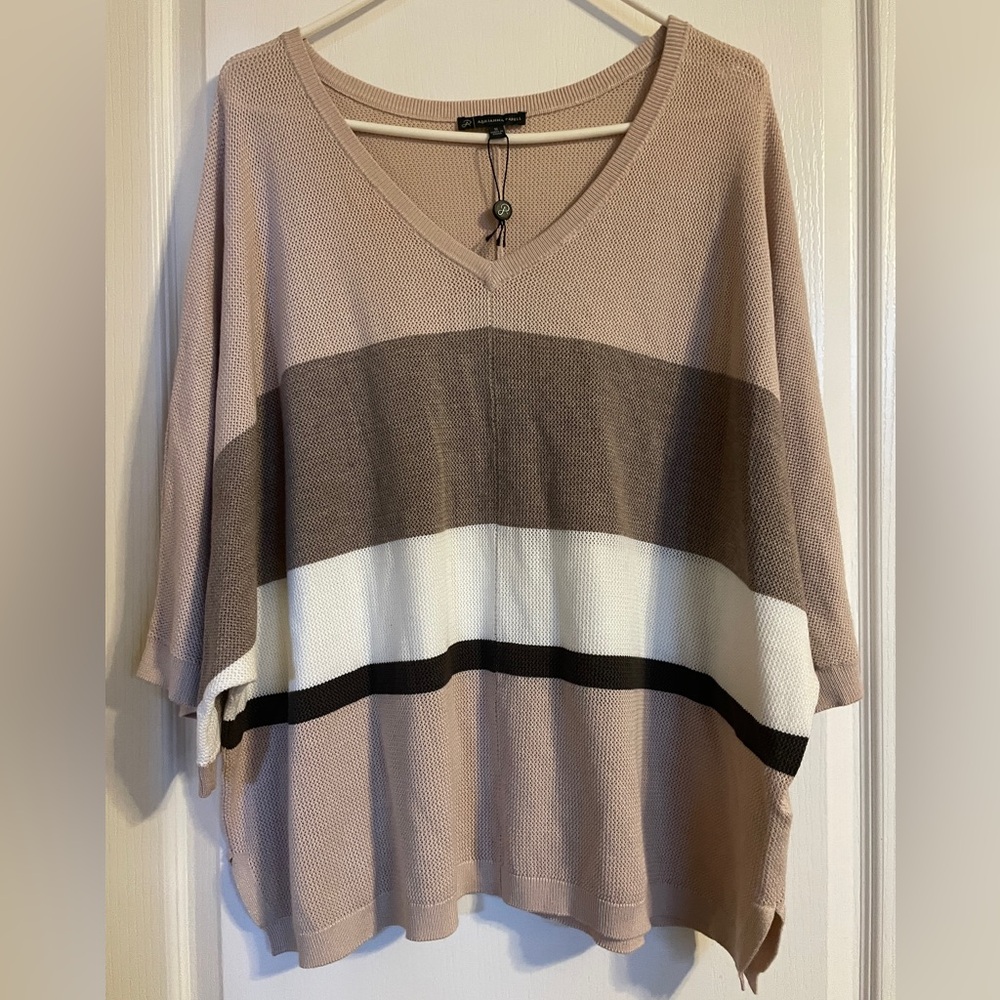 Adrianna Papell Studio Colorblock Stripe V-Neck Dolman Sweater Tan Brown 1X NEW